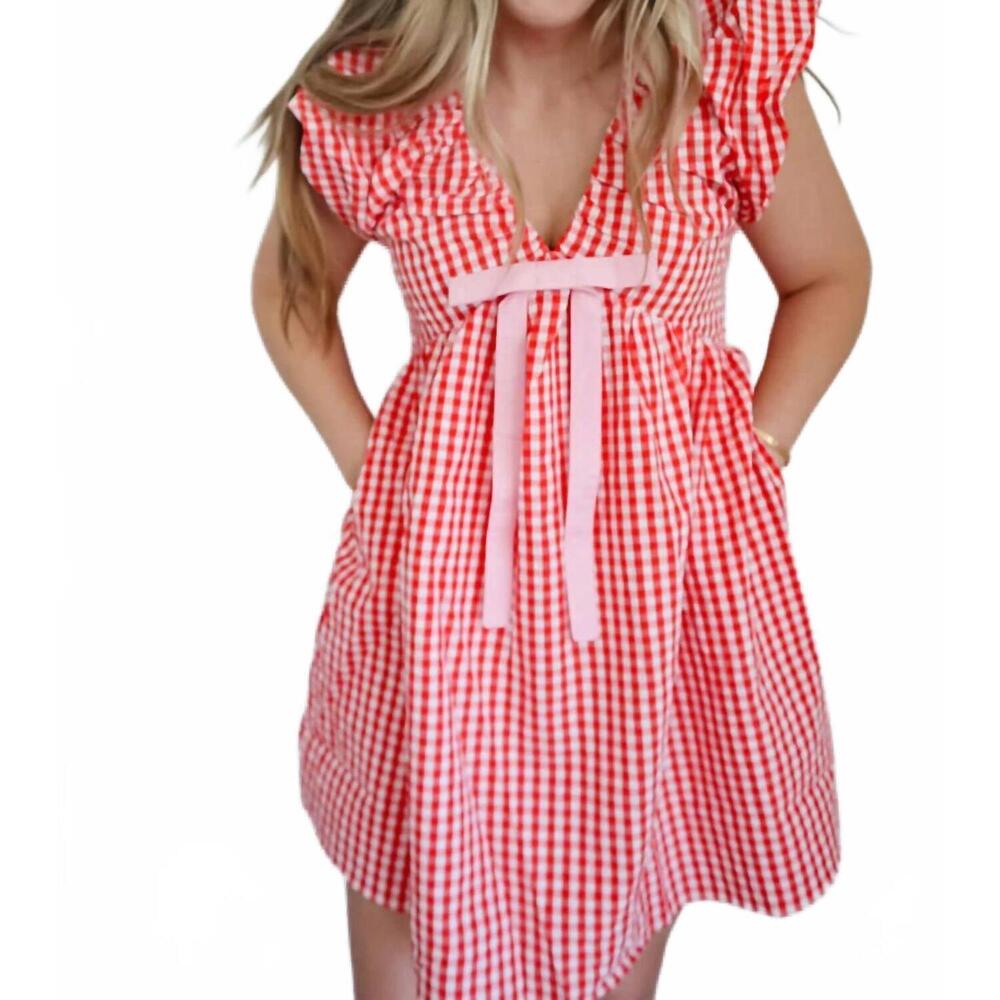 NEW LA'VEN jenny gingham blouson shoulder mini dress in pink/red
